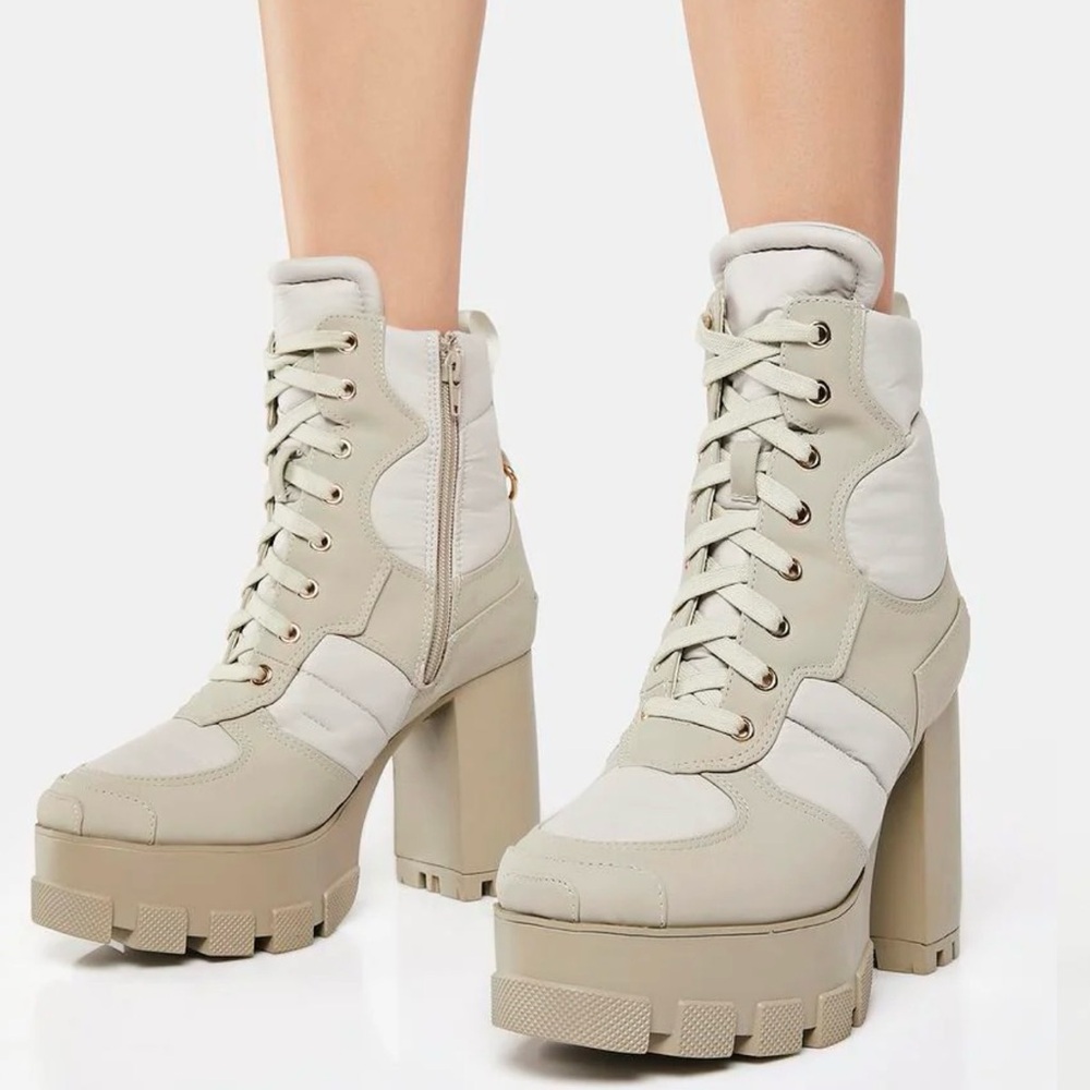 Stylish Cream Lace-Up Platform Boots
